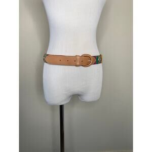 Leather and Woven Blanket Stripe Belt Medium Silver Cabochons